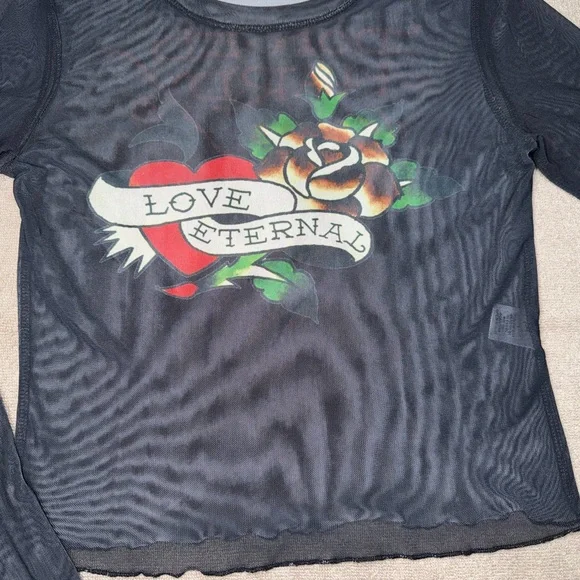 Ed Hardy Black Sheer Long Sleeve Tattoo-Print Crop Top - Picture 3 of 11